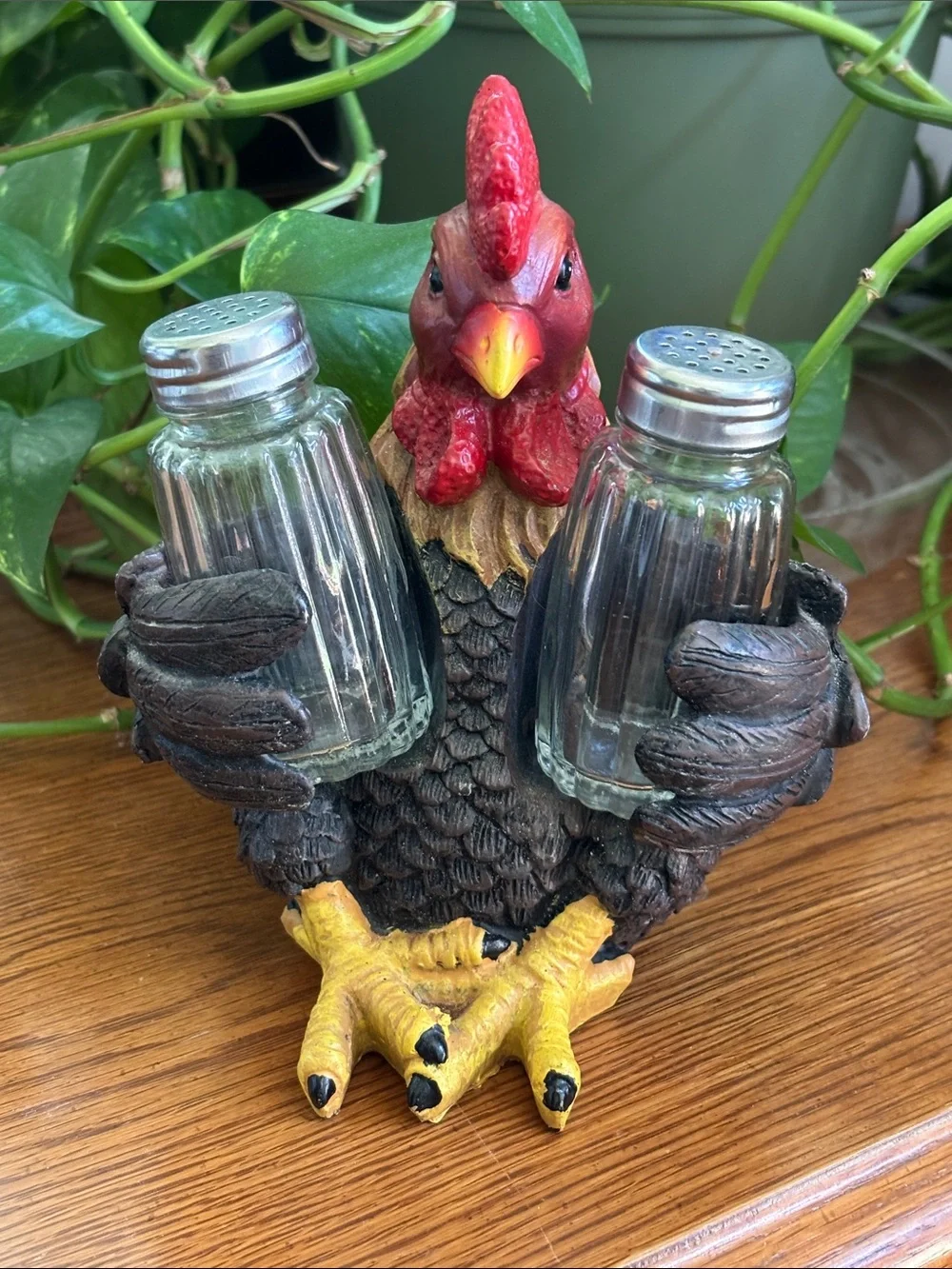 Decorative Rooster Salt and Pepper Shaker Holder - Brown and Yellow